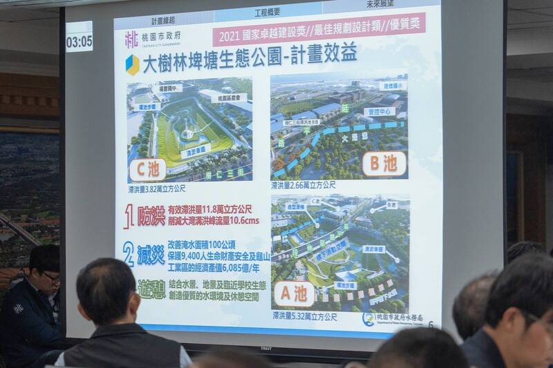 桃園市政府水務局於市政會議報告「大樹林暨大湳埤塘生態公園建設進度」，2案預計今年底完工。（桃市府提供）