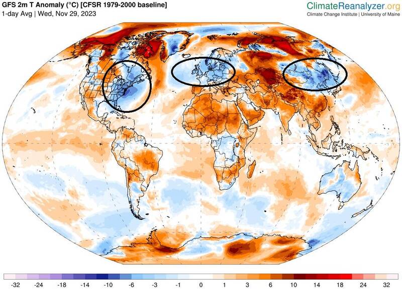 最新全球氣溫距平圖發現，有3股相對冷的空氣在中緯度流竄。（圖擷自鄭明典臉書）