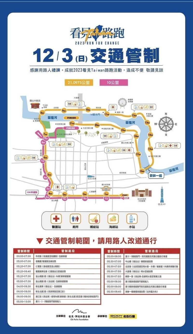 「2023看見Taiwan路跑」活動週日登場相關道路5至10時交管。（記者劉慶侯翻攝）