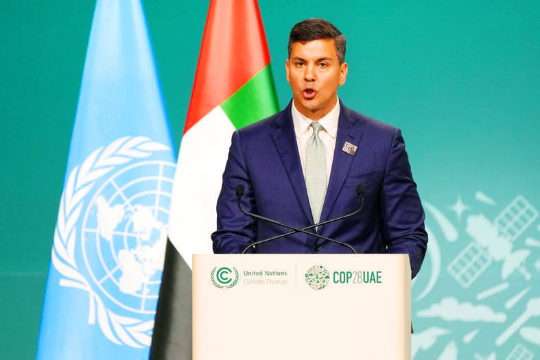 
Paraguay President Santiago Pena speaks during a plenary session at the COP28 UN Climate Summit in Dubai, United Arab Emirates, on Friday.
Photo: AP