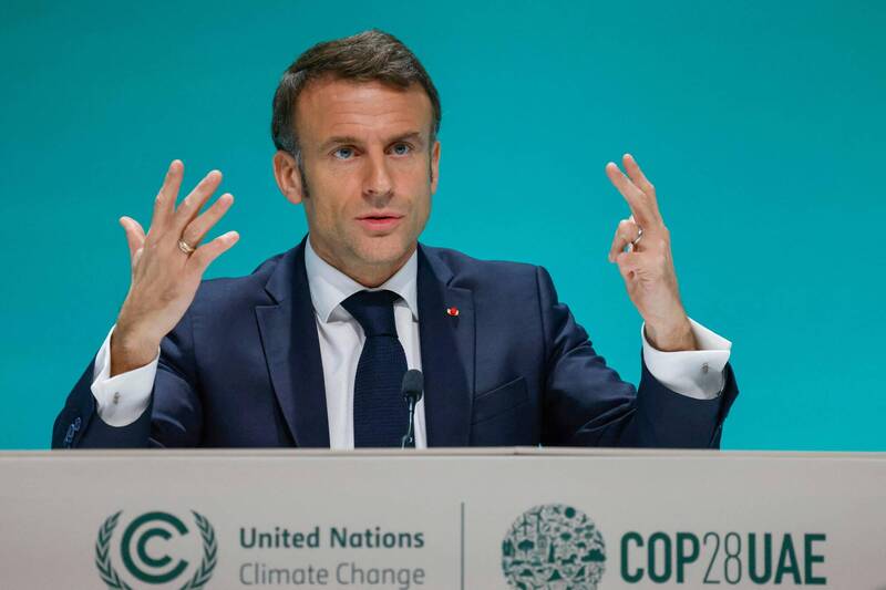 法國總統馬克宏在聯合國氣候峰會上表示，將前往卡達為以哈停火調停。（法新社）
