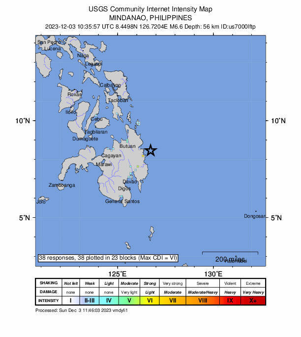 菲律賓民答那峨島外海，晚間發生一起規模6.6強震。（擷取自美國地質調查局網站）
