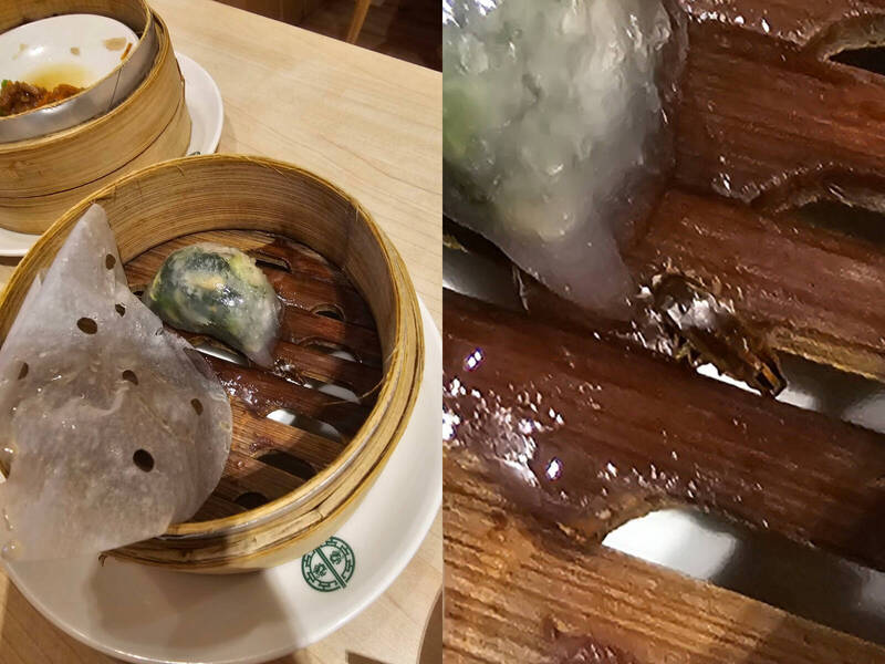 一名男子在台南新光三越的「添好運」用餐時，發現蒸籠中有一隻死蟑螂。（圖擷取自「爆料公社二社」）