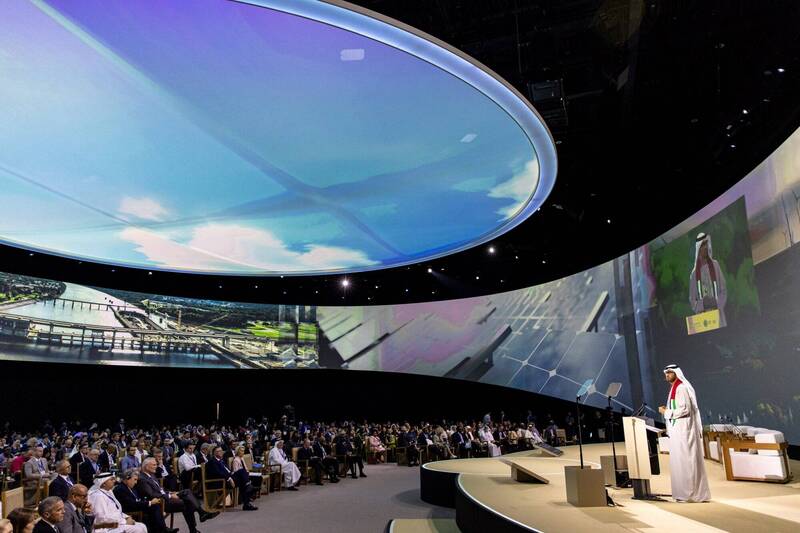 聯合國氣候變化綱要公約締約方第28次會議（COP28）在杜拜召開。圖為COP28主席、地主阿拉伯聯合大公國工業與先進技術部長蘇丹·阿爾-賈比爾（Dr. Sultan Ahmed Al Jaber）致詞。（歐新社）