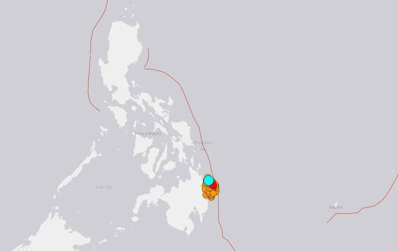 菲律賓民答那峨島外海今日凌晨發生芮氏規模6.9地震，周邊地區2日深夜才發生過規模7.6地震。（圖擷取自美國地質調查局）