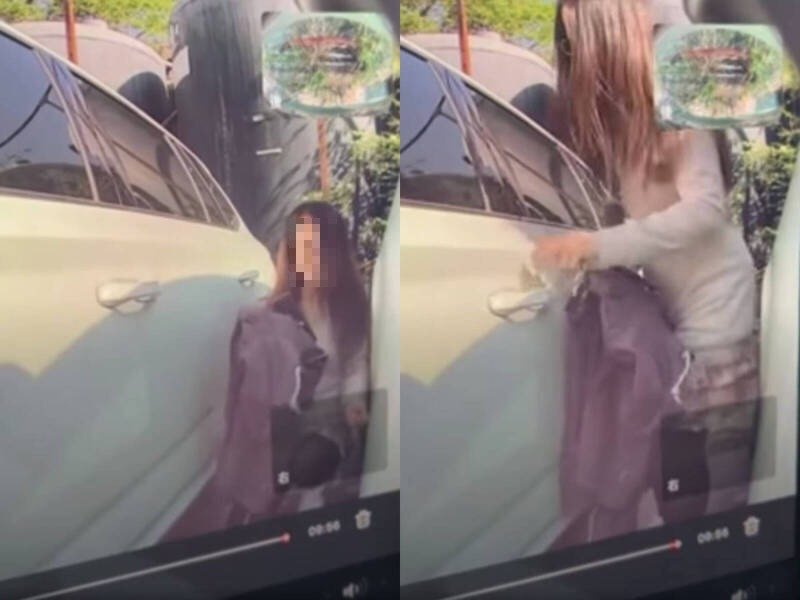 一名女子不滿特斯拉車主提醒車子沒停好，因此將特斯拉車門刮傷。（圖擷取自「爆廢1公社」）