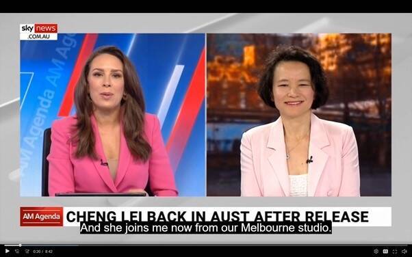 蕾将出任天空新闻电视台节目主持人后，与报导此事的新闻女主播对话。（翻摄自Sky News Australia电视画面）(photo:LTN)