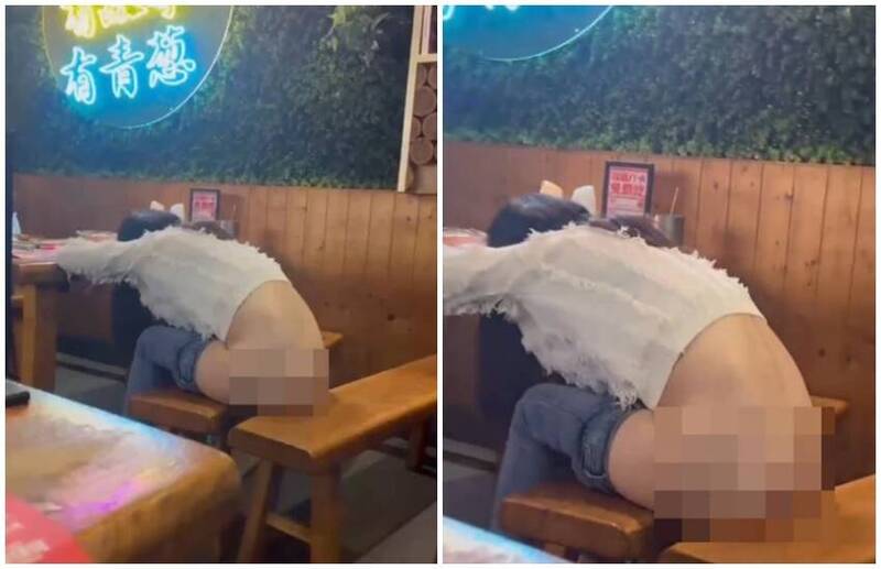 中国一名年轻女子在餐酒馆喝到断片，直接在店内脱下裤子昏睡，白皙臀部一览无遗。（图翻摄自X）(photo:LTN)