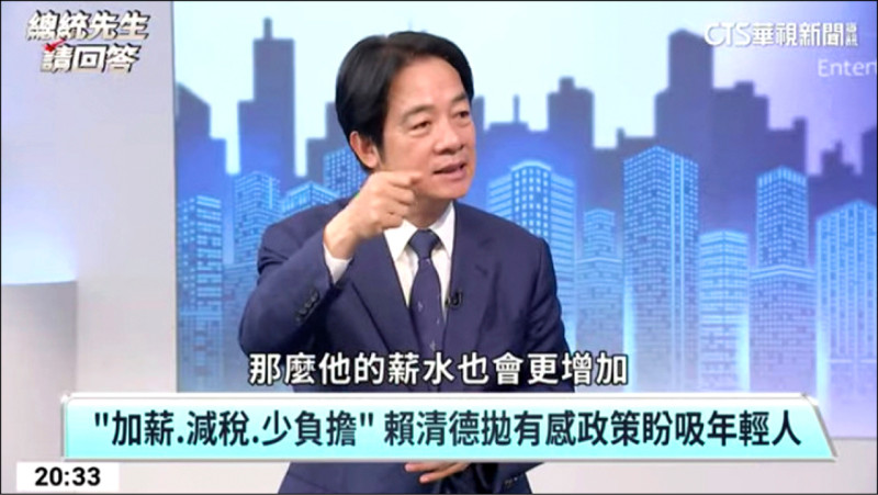 民進黨總統候選人賴清德在昨晚播出的華視專訪表示，年輕選票是選舉關鍵，未來會持續加強對年輕人的政策照顧，秉持加薪、減稅、少負擔的基本原則。（圖擷取自華視新聞YouTube直播）