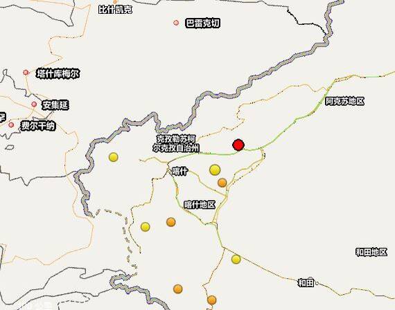 新疆克孜勒蘇柯爾克孜自治州的阿圖什市發生規模5.5地震（紅點處）。（圖擷取自中國地震台網）
