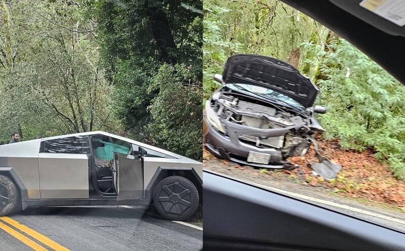 特斯拉Cybertruck（左）传出全球首起事故，与其对撞的Toyota Corolla（右）车头近乎全毁。（图截取自X平台@Greggertruck）(photo:LTN)