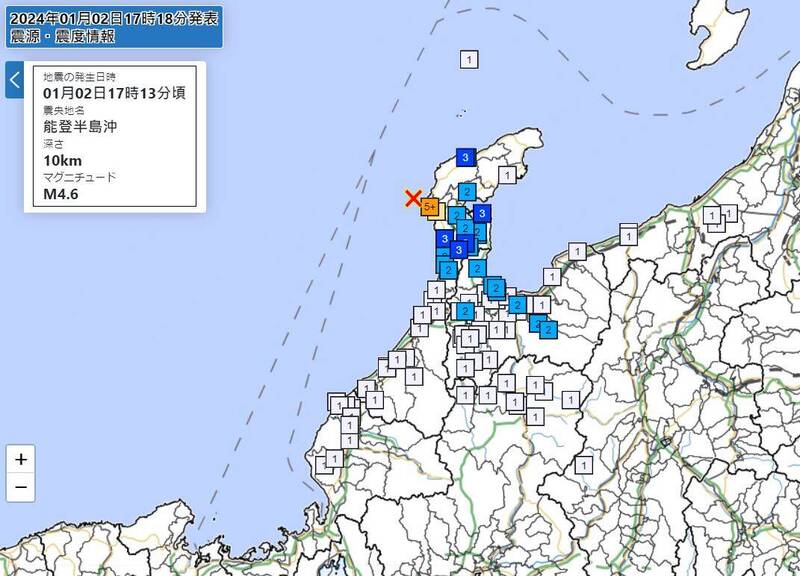 台湾时间2日下午4点13分，在能登半岛西部近海又发生规模4.6余震，最大震度5强，是今天震度最强烈的一次余震。（图撷自日本气象厅）(photo:LTN)