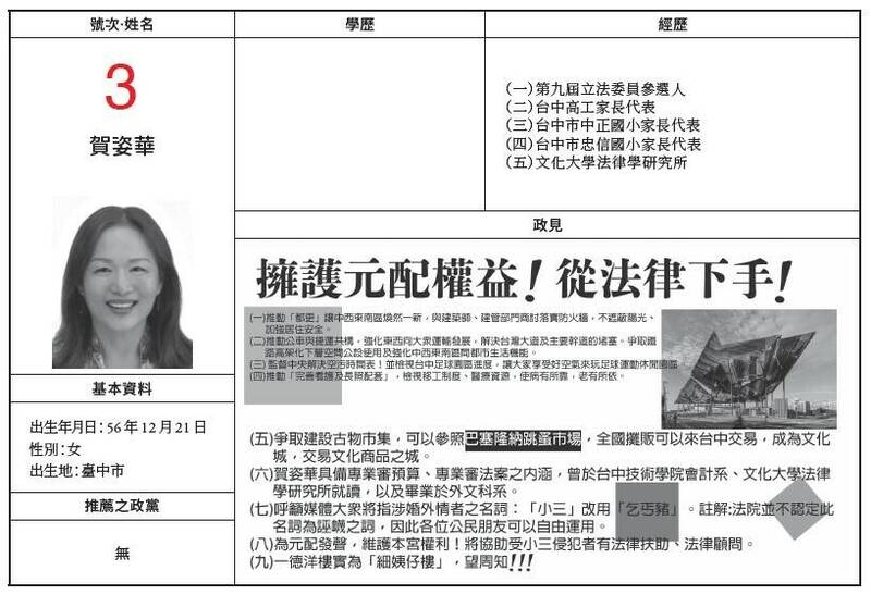 台中市第六選區無黨籍候選人賀姿華，政見包括擁護元配權益！「小三」改用「乞丐豬」。（記者張瑞楨翻攝自選舉公報）