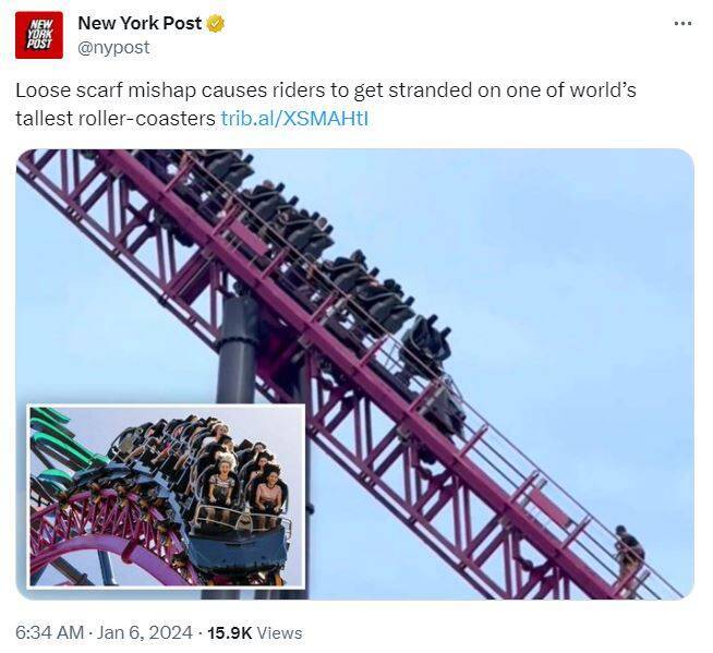 號稱南半球最高、最長、最快雲霄飛車的「DC Rivals HyperCoaster」於5日下午因1條圍巾造成乘客被困3小時，所幸最終並未造成人員傷亡。（圖截自X「@nypost」）