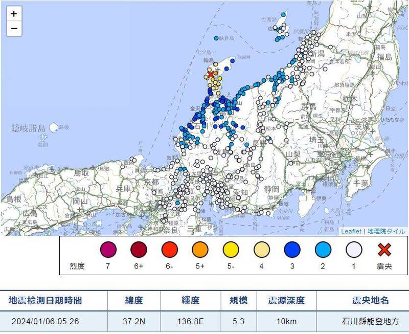 日本石川縣能登地區於元旦發生規模7.6強震，造成嚴重災情，且後續餘震不斷。當地時間今晨5時26分又發生規模5.3地震，最大震度5強，震源深度約10公里。（圖擷自日本氣象廳）