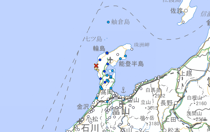 日本石川县志贺町，在7日下午3时26分（台湾时间下午2时26分）发生芮氏规模4.5地震（红X处）。（图撷自日本气象厅）(photo:LTN)