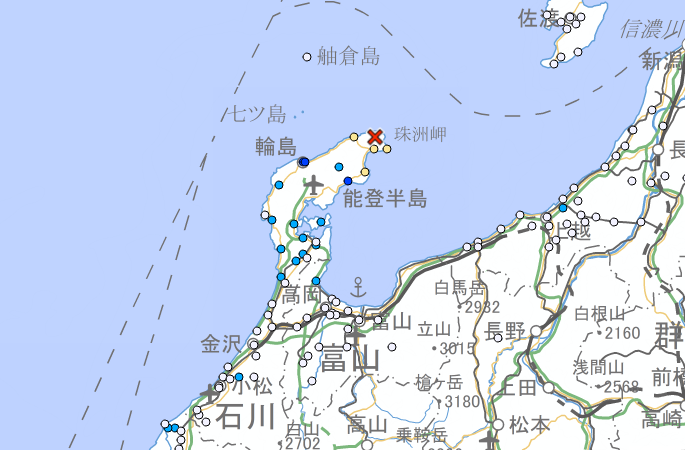 在志贺町4.5地震发生前，能登半岛东北部也有4.5地震（红X处）。（图撷自日本气象厅）(photo:LTN)