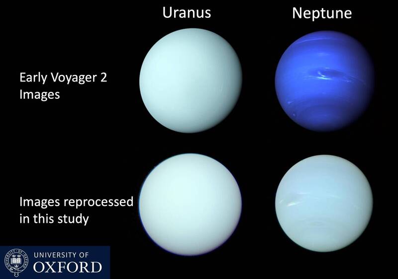 「航海家2号」于1986 年和1989 年拍到天王星（上左）和海王星（上右）影像。下方为还原真实颜色后的对比图，天王星与海王星颜色其实相近。（图撷取自哈佛大学）(photo:LTN)