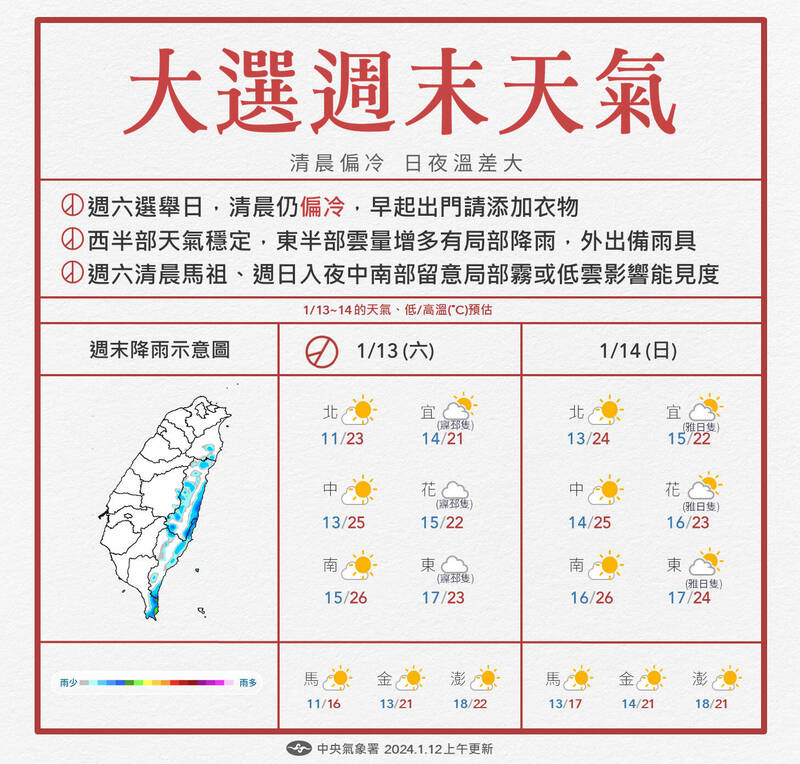 週末天氣預報。（圖：氣象署提供）