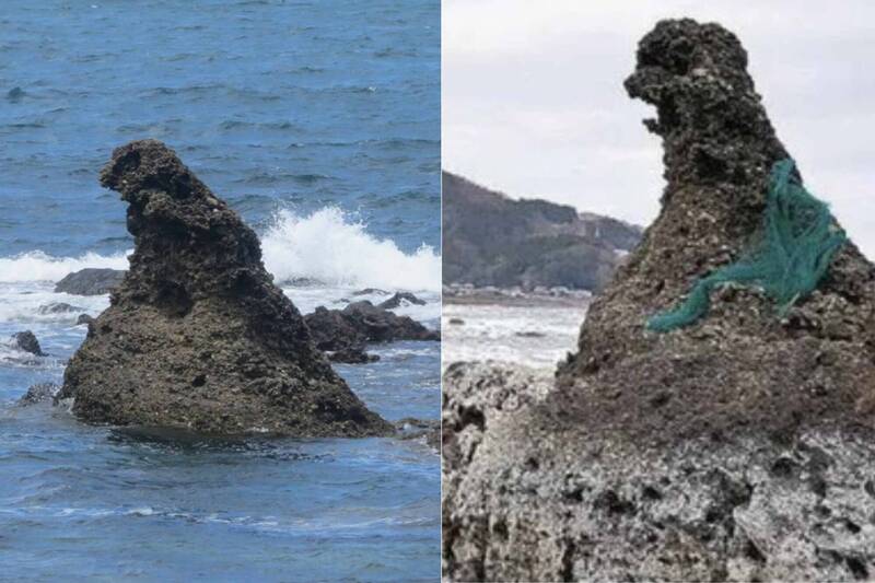珠洲市一座原先位在海水中的、被暱称为「哥吉拉岩」（ゴジラ岩）的礁岩，在1日发生强震后，如今礁岩已经完全脱离海面。（图撷取自@ichi1kun、@asakiyumemisipo社群平台「X」，本报合成）(photo:LTN)