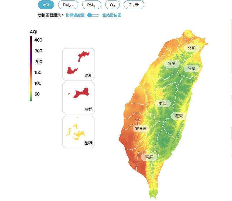 東北風挾帶境外污染物影響台灣空品，今（28）日西半部逾半數空品測站亮起橘色提醒。（擷取自環境部空氣品質監測網）