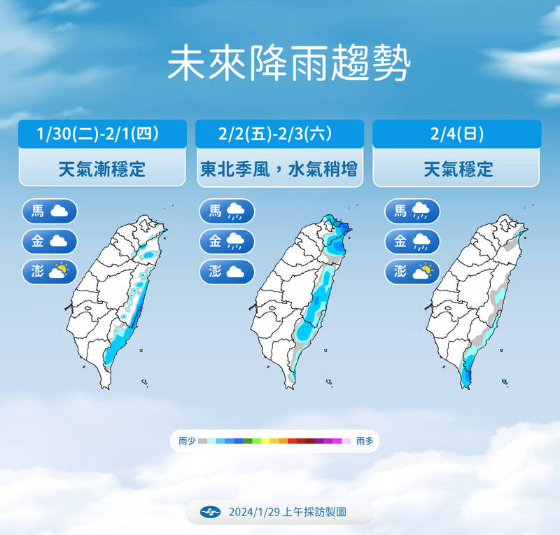 未來一週雨勢集中在東半部，中南部的民眾可抓住機會大掃除。（中央氣象署提供）