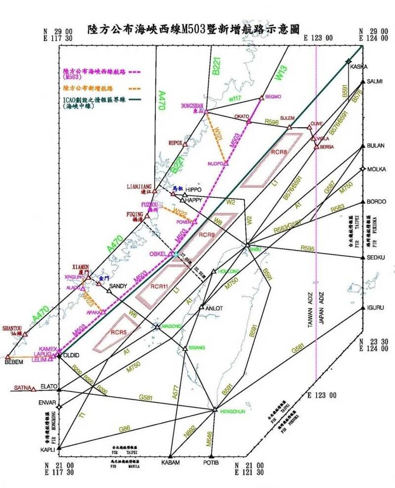 中方過去所公布的海峽西線M503航路示意圖，有W122、W123「由西向東」飛行航路。（檔案照）