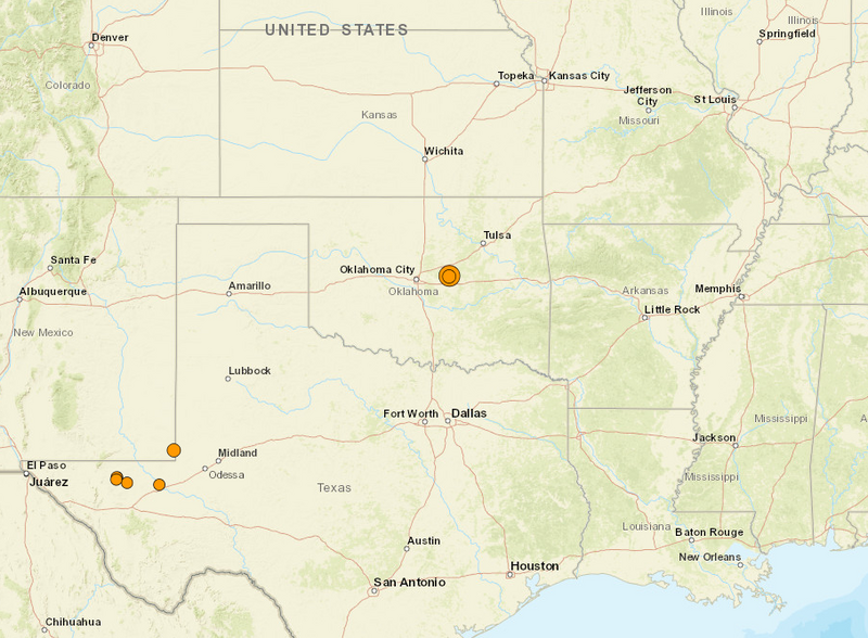 美国奥克拉荷马市以东发生芮氏规模5.1地震，目前并无损害传出。（图撷自USGS网站）(photo:LTN)