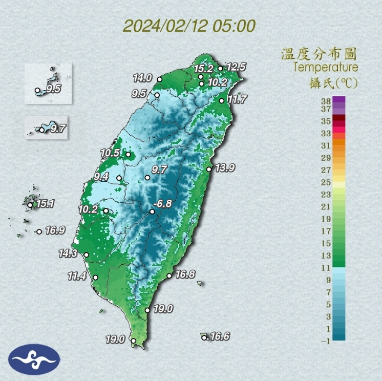 鄭明典在臉書PO出今晨5時的氣溫分布圖，從中可以看到北部溫度出現罕見差距，讓鄭明典直呼「太特別了」。（圖擷自中央氣象署）