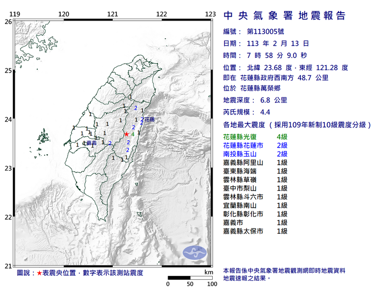 花蓮今上午近8點發生芮氏規模4.4地震，深度僅6.8公里。（圖擷自中央氣象署網站）