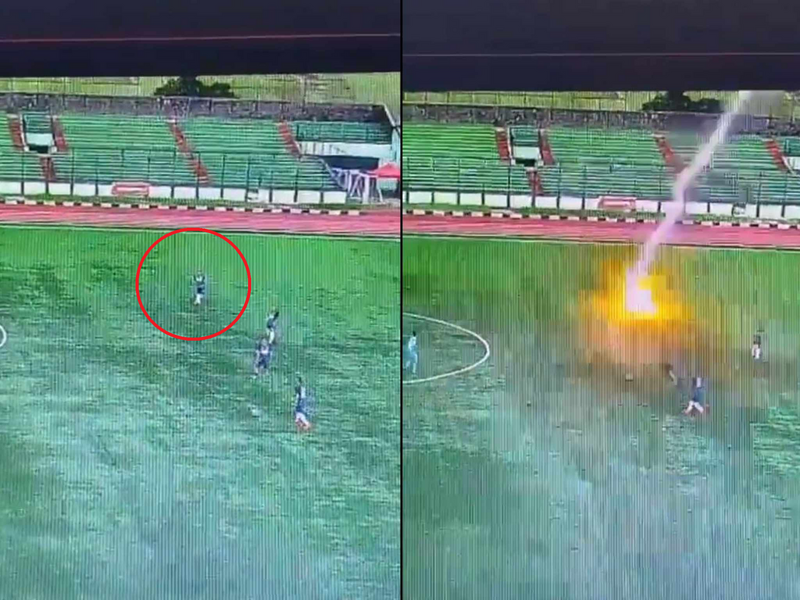 印尼一名业余足球员10日在球场遭一道闪电击中，身上瞬间被炸出橘红色火球，当场倒地不起，送医不治。（图撷取自@githii、@nexta_tv 社群平台「X」，本报合成）(photo:LTN)