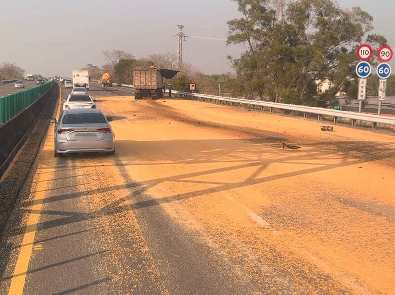 貨車載運的玉米粒灑滿國3台南官田北向路段。（取自記者爆料網）