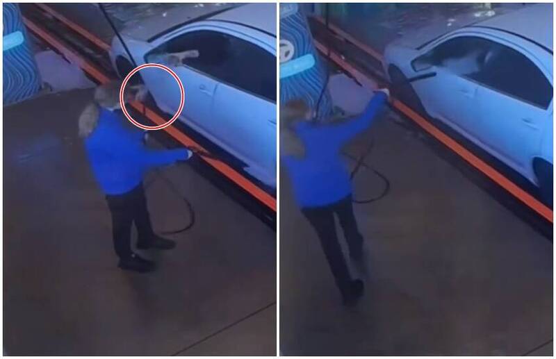18岁少女哈里姬在洗车场打工时遭奥客丢垃圾羞辱。当即将洗车用的高压水枪对准奥客狂喷。（图翻摄自X平台）(photo:LTN)