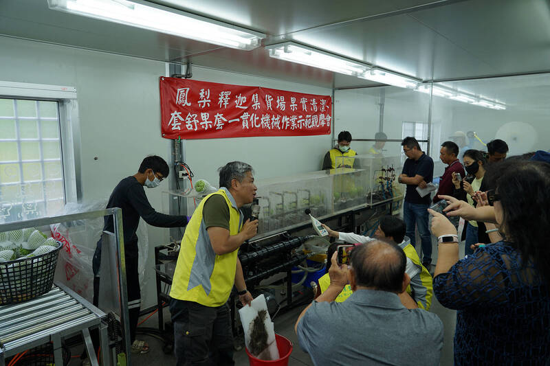 台東農改場辦觀摩會，向包裝場業者及農民介紹鳳梨釋迦一貫作業清除機，可有效清除粉介殼蟲。（記者黃明堂翻攝）