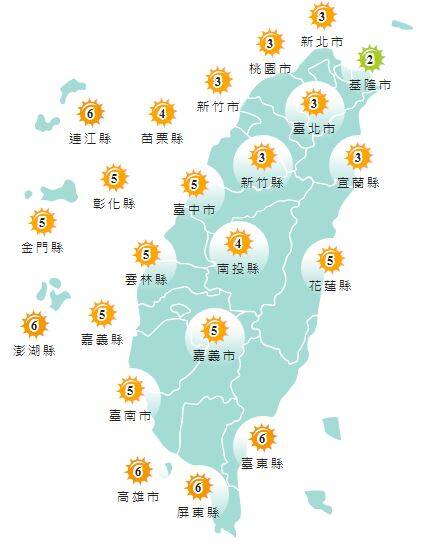 今日各地紫外線指數預報概況。（圖擷取自中央氣象署）