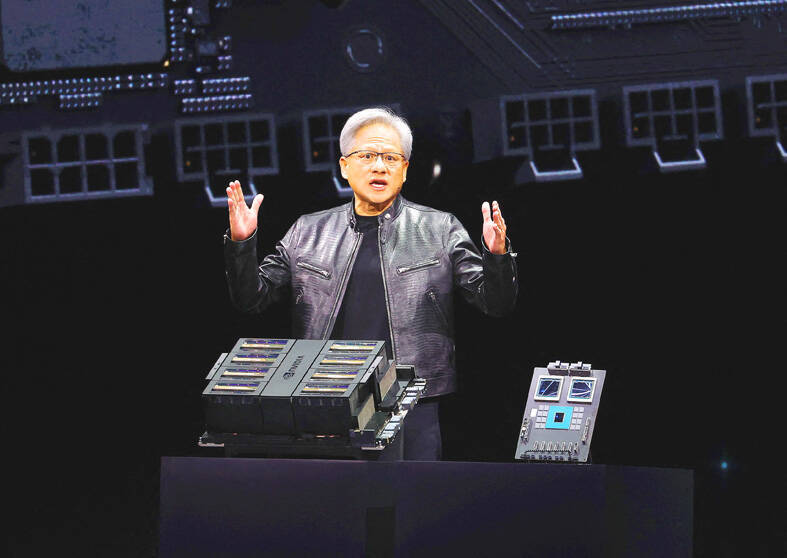 Nvidia Corp chief executive officer Jensen Huang speaks during the Nvidia GTC Artificial Intelligence Conference at SAP Center in San Jose, California, on Monday.
Photo: AFP
Nvidia Corp chief executive officer Jensen Huang speaks during the Nvidia GTC Artificial Intelligence Conference at SAP Center in San Jose, California, on Monday.
Photo: AFP