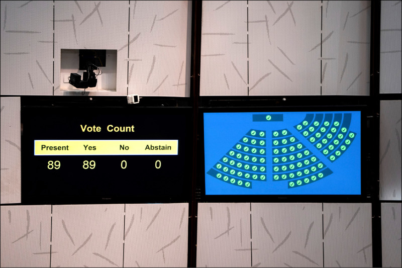 香港立法会19日加开会议，恢复「维护国家安全条例草案」二读辩论、全体委员会审议及三读等程序，出席的88名议员和立法会主席梁君彦全数投票通过。（美联社）(photo:LTN)