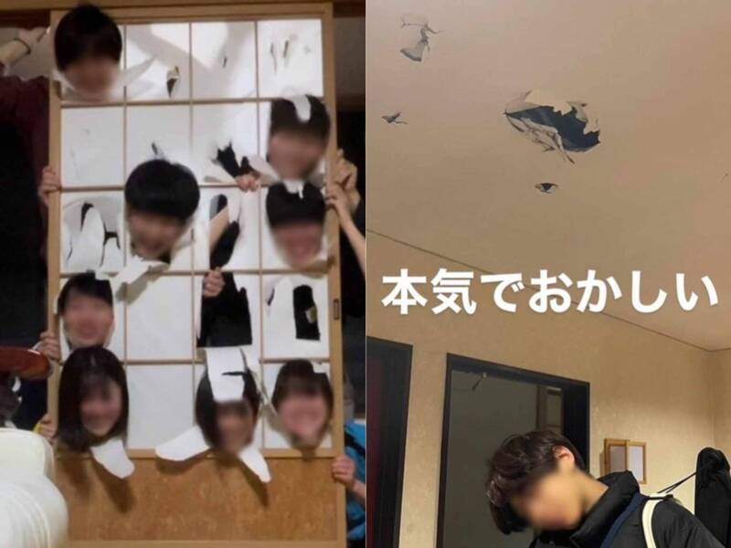 日本一群就读神户大学的羽球社学生，上月前往富山县一间旅馆投宿时，竟集体破坏天花板、和式纸门等设施。（图撷取自@imu_rounin 社群平台「X」，本报合成）(photo:LTN)