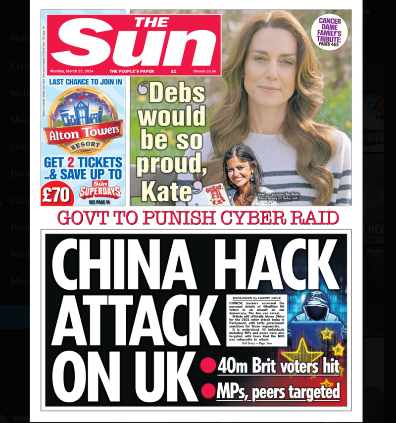 「中国对英国网攻」登上英国《太阳报》头版。（图撷取自太阳报X社群 @TheSun）(photo:LTN)