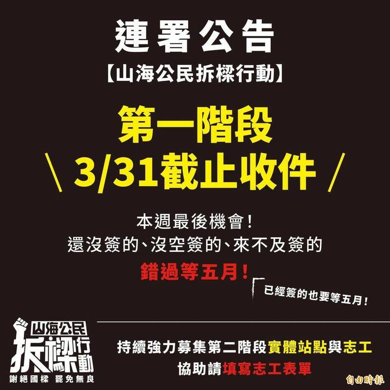 山海公民拆樑行動今晚公布，罷免連署書已達8000份。（記者盧賢秀攝）