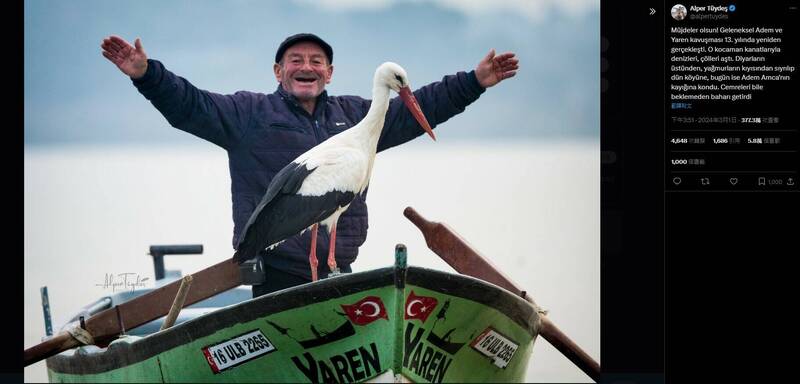 土耳其生态摄影师图伊狄斯，3月1日发文宣部白鹳「亚伦」连续第13年回来。（取自Alper Tuydes x官方帐号）(photo:LTN)