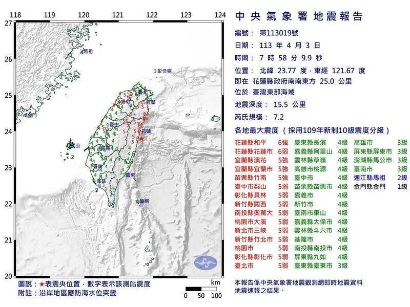 今天上午7點58分發生有感地震，花蓮地區發生芮氏規模7.2地震，餘震不斷，地震全台有感，行政院人事總處表示，機關同仁於上班途中，如因地震導致遲到者，請人事單位依個案事實合理從寬認定。 （圖擷自氣象署網站）