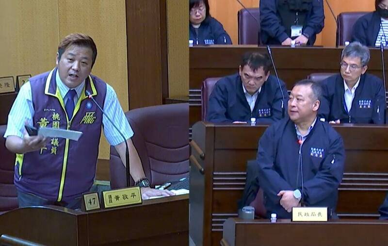 桃園市民政局本月1日在議會進行工作報告，議員黃敬平要求戶政事務所恢復假日延時服務。（擷取自桃園市議會錄影畫面）