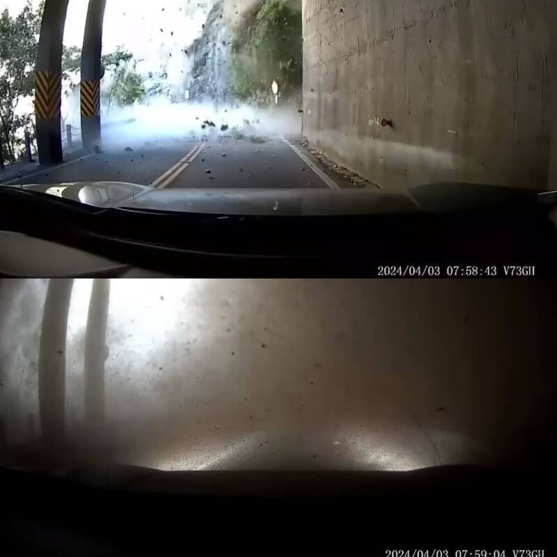 驾驶目睹明隧道外土石崩落，随后尘土弥漫至挡风玻璃，导致车内漆黑一片、伸手不见五指。（图撷取自YouTube，本报合成）(photo:LTN)