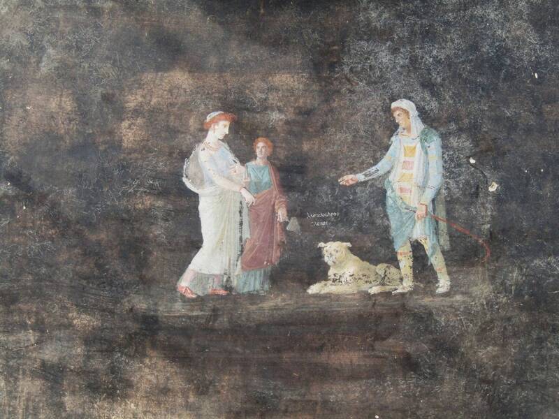 庞贝城黑墙餐厅一幅壁画描绘了特洛伊王子帕里斯（Paris）和海伦（Helen），他们的爱引发了特洛伊战争。（路透）(photo:LTN)