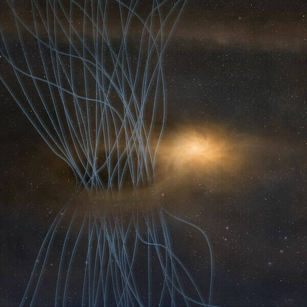 插图展示了一颗婴儿恆星从原行星盘中「喷嚏」而出的磁通量。图中央是刚诞生的恆星核心，被称为「原恆星盘」的明亮盘状物质环绕其周围。蓝色的尖刺状物质代表喷发出的磁通量、气体和尘埃。研究人员发现，在恆星形成期间，原恆星盘会周期性喷发出磁通量、气体和尘埃，就像一阵「喷嚏」。（图撷取自ALMA官网）(photo:LTN)