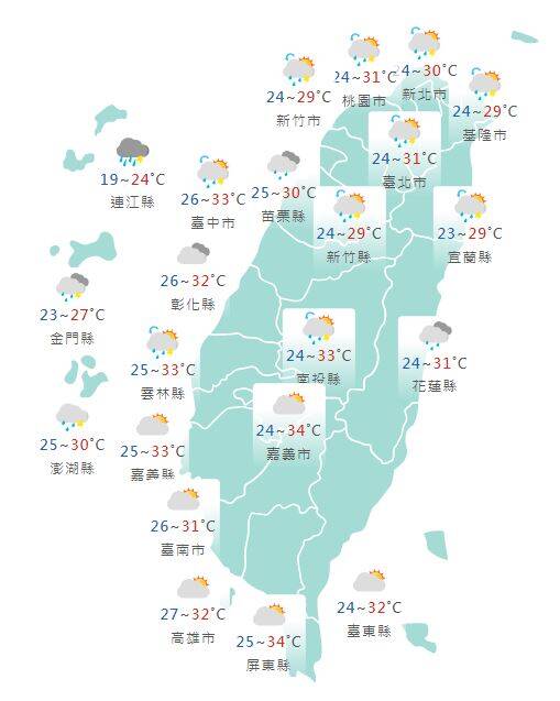 今日各地天氣預報概況。(圖擷取自中央氣象署) 今日各地天氣預報概況。(圖擷取自中央氣象署)