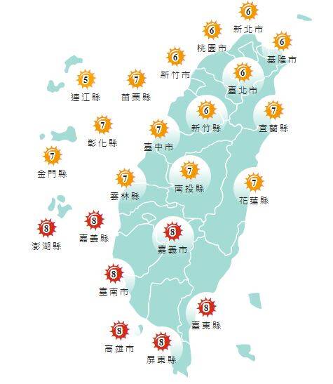 今日各地紫外線指數預報概況。(圖擷取自中央氣象署) 今日各地紫外線指數預報概況。(圖擷取自中央氣象署)