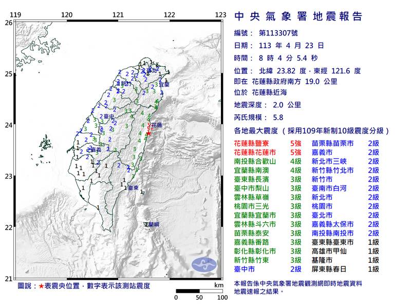 花莲县稍早发生规模5.8地震，花莲县当地最大震度达到5强。（图撷取自中央气象署）(photo:LTN)