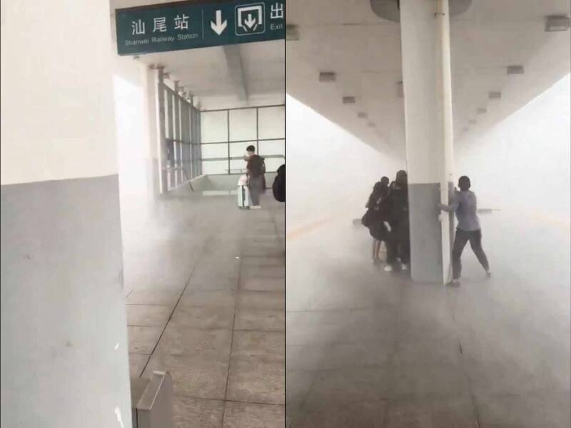 近日中国社群平台疯传一段影片，为一群乘客站在广东汕尾车站月台等候期间，现场突然出现一阵狂风暴雨，让现场民众吓得一边惨叫，一边抱紧一旁柱子求生，现场景象宛如末日降临。（图撷取自中国微博，本报合成）(photo:LTN)